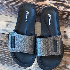 Saltwater Black and Metallic Grey Glitter Velcro Sandals